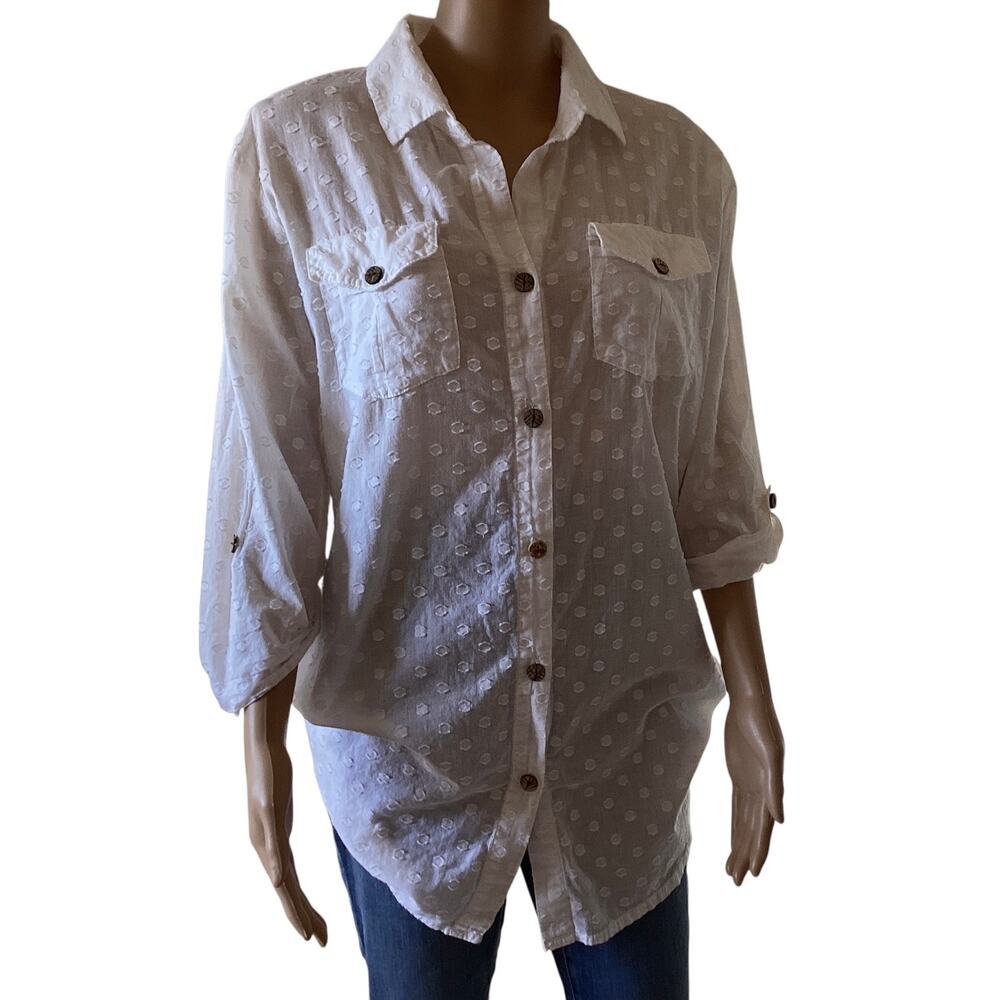 Dotti Polka Dot Sheer 3/4 sleeve Shirt Loose Blouse sz M White